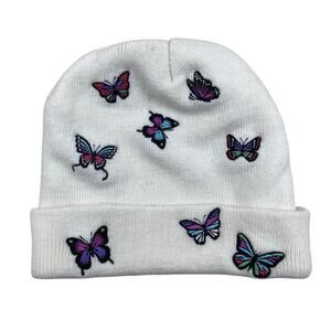 A-Lab Women's White Knit Embroidered Butterfly Patches Beanie Hat